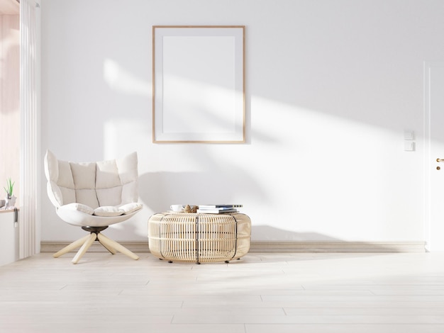 La sala de estar de pared blanca tiene sofá y decoración, representación 3d
