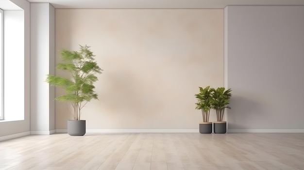 Una sala de estar con una pared en blanco y plantas.