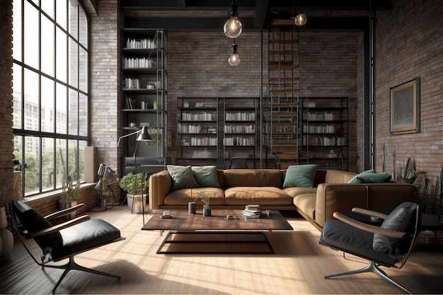 Una sala de estar con una pared de ladrillos y una ventana grande con un estante para libros.
