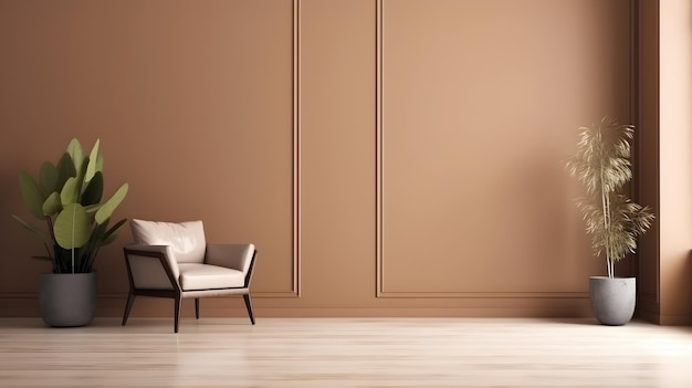 Una sala de estar con una pared marrón que tiene una lámpara y una silla en la esquina.