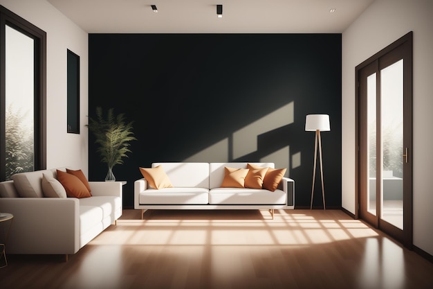 Una sala de estar con una pared negra que tiene un sofá blanco y una lámpara encima.