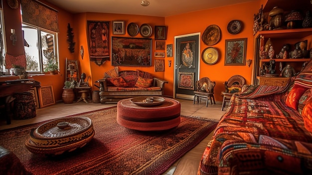 Una sala de estar con una pared roja y un sofá con una alfombra y una alfombra con una alfombra encima.