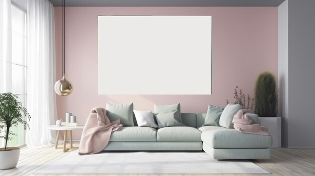 Una sala de estar con una pared rosa que tiene un marco blanco que dice "rosa".