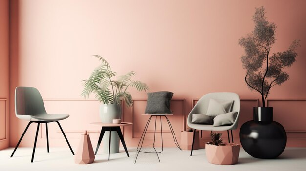 Una sala de estar con una pared rosa y una silla negra.