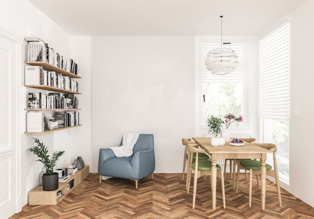 Sala de estar con pared vacía en blanco, fondo de obras de arte, interior