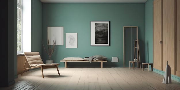 Una sala de estar con una pared verde y un cuadro en la pared.