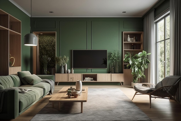 Una sala de estar con una pared verde y una gran televisión.