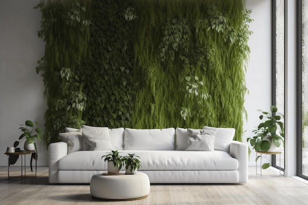 Una sala de estar con una pared verde y plantas.