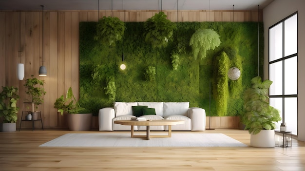 Una sala de estar con una pared verde con plantas.