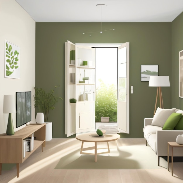 Una sala de estar con una pared verde y un sofá blanco con una almohada blanca encima.