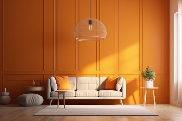 Una sala de estar con paredes naranjas y un sofá con una almohada amarilla encima.
