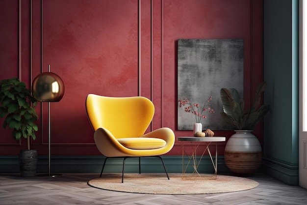 Sala de estar con paredes rojas vibrantes y un sillón amarillo audaz como punto focal IA generativa