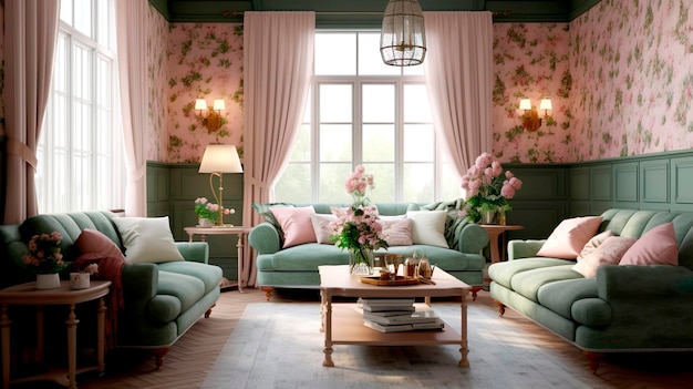 Foto una sala de estar con paredes verdes y un papel pintado floral.