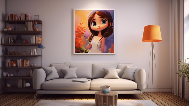 Foto sala de estar con una pintura de un dibujo de una chica