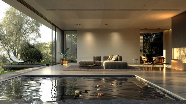 una sala de estar con una piscina y una gran ventana que está abierta al patio trasero