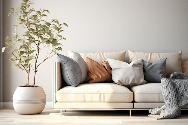 Una sala de estar con una planta en una maceta al lado de un sofá.