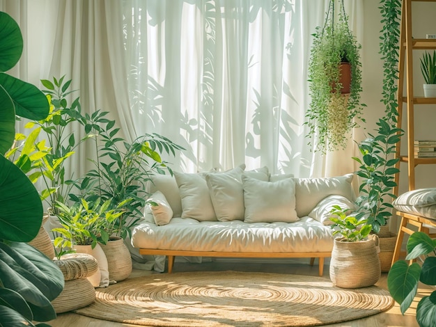 Foto sala de estar con plantas de invernaderomaqueta de pared interior de sala de estar en tonos cálidosinterior de sala de estar moderna y acogedora