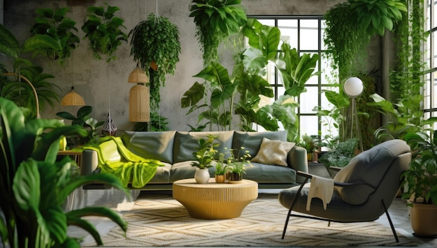 Una sala de estar con plantas en la pared y un sofá con un sofá verde y un sofá verde.