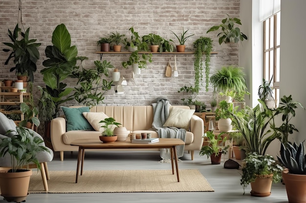 Una sala de estar con plantas en la pared.