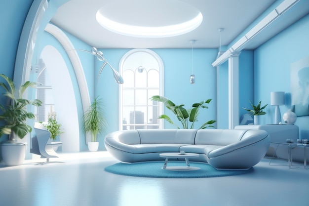 Una sala de estar profesional y llamativa de color azul claro con blanco en el metaverso AI Generative