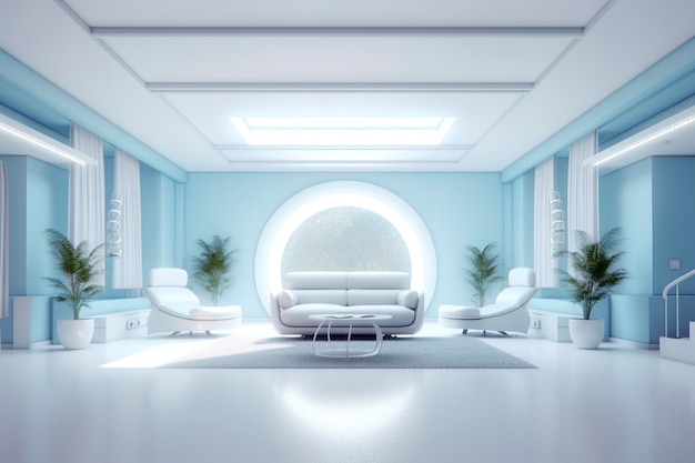 Una sala de estar profesional y llamativa de color azul claro con blanco en el metaverso futurista AI Generative