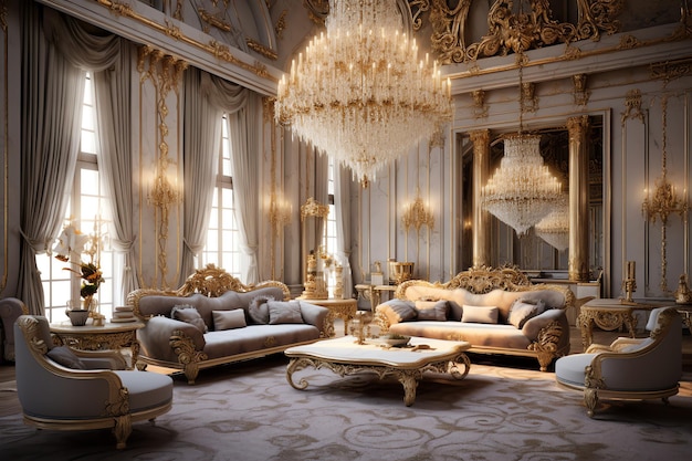 Sala de estar real opulenta con oro