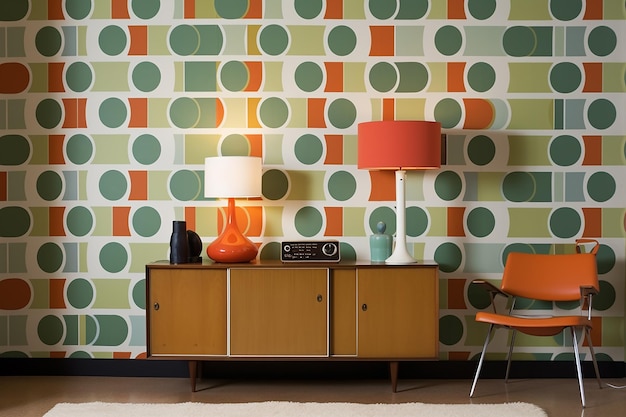 Una sala de estar con un reloj y una silla con un patrón de lunares verdes y naranjas.