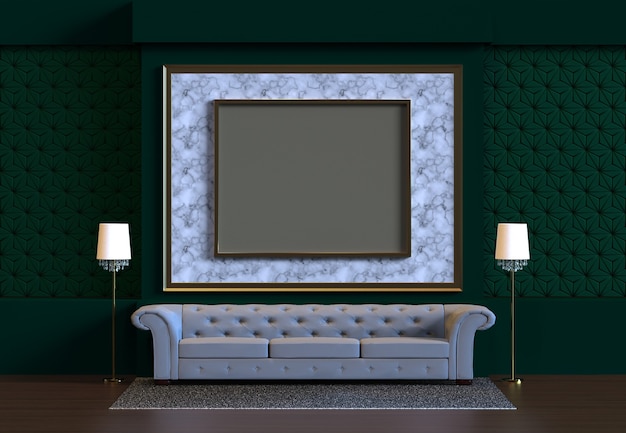 Sala de estar de renderizado 3D con decoración de panel de pared