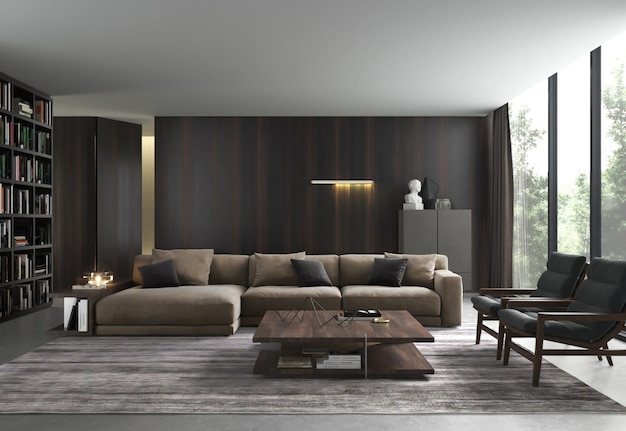 Sala de estar de renderizado 3d con decoración de pared y mesa de madera