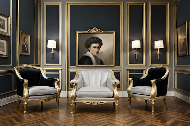 Una sala de estar con un retrato de una dama en la pared.