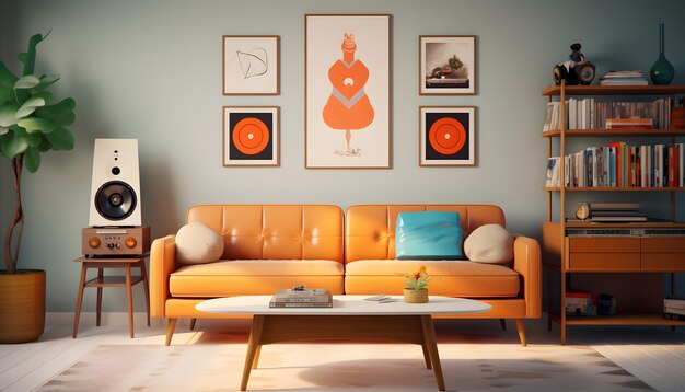 sala de estar retro con muebles antiguos de colores llamativos y láminas de arte retro para un nostálgico