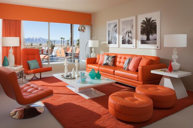 Una sala de estar retroinspirada con alfombras de color naranja
