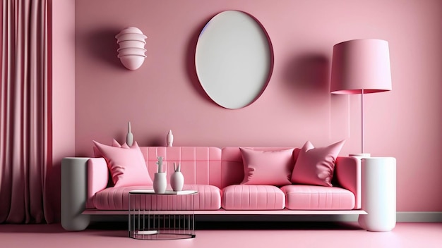 Sala de estar rosa con sofá de moda estilo de idea de diseño minimalista en tonos pastel