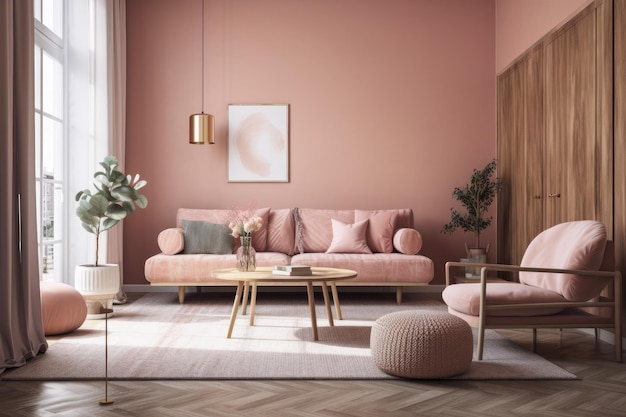 Sala de estar rosa con sofá rosa de moda estilo de idea de diseño minimalista en tonos pastel