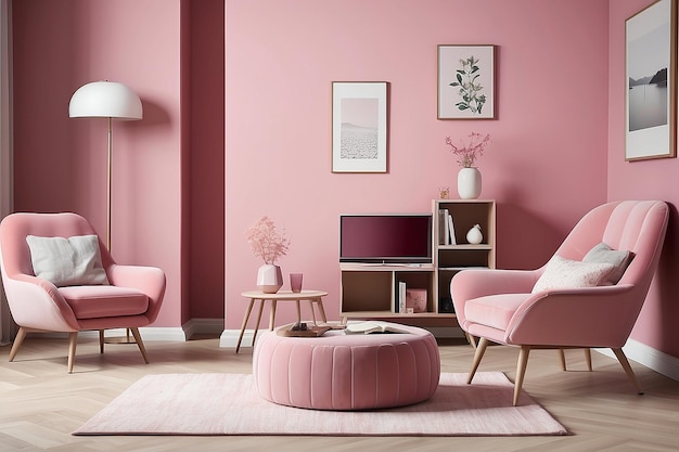 Sala de estar rosa con taburete de sillón y mesa de televisión