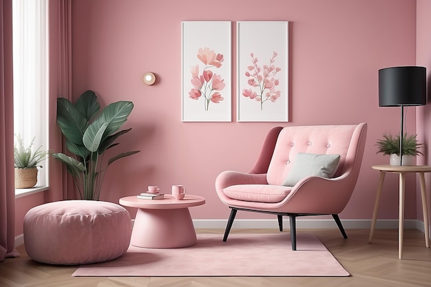 Sala de estar rosa con taburete de sillón y mesa de televisión