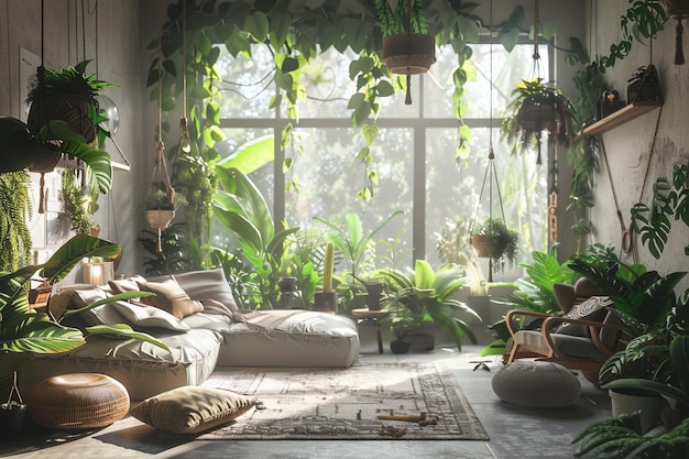 Sala de estar de la selva urbana con plantas colgantes de octano