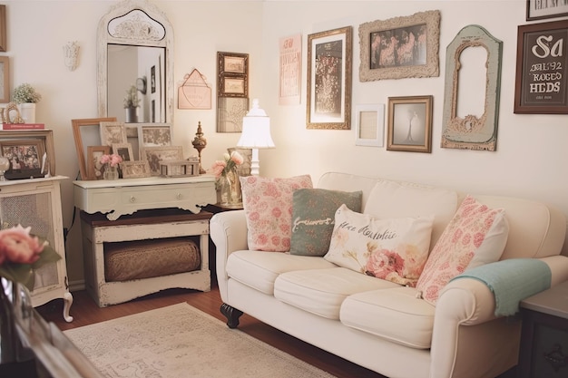 Sala de estar shabby chic con muebles retro, cojines y obras de arte