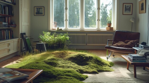 una sala de estar con una silla y una alfombra en el suelo