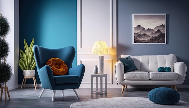 Una sala de estar con una silla azul y una lámpara en la pared.