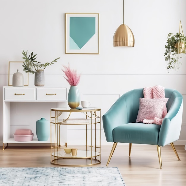 Una sala de estar con una silla azul y una mesa dorada con una almohada rosa.