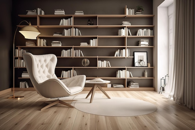 Una sala de estar con una silla blanca y una librería con un reloj.