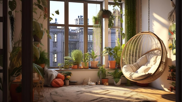 Una sala de estar con una silla colgante y muchas plantas en maceta imagen generativa de ai