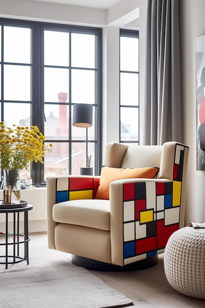 Una sala de estar con una silla de cubo de colores y una mesa con un jarrón de flores.