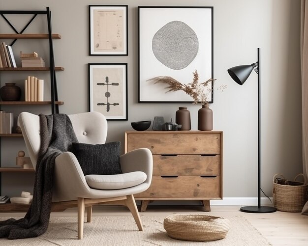 Una sala de estar con una silla y un estante con un círculo en ella.