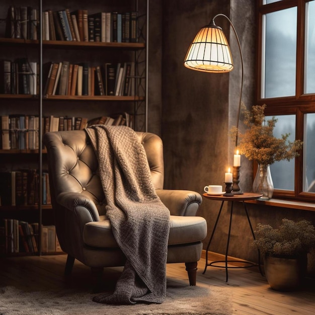 una sala de estar con una silla y un estante con una lámpara en la mesa
