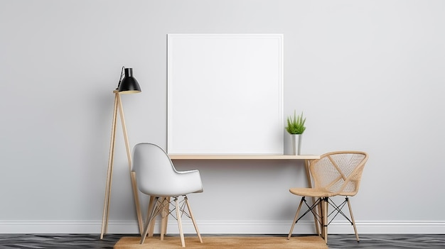 Una sala de estar con una silla y una mesa con un cartel blanco.