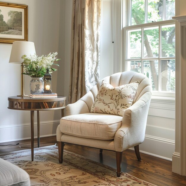 una sala de estar con una silla y una mesa con un jarrón de flores en ella