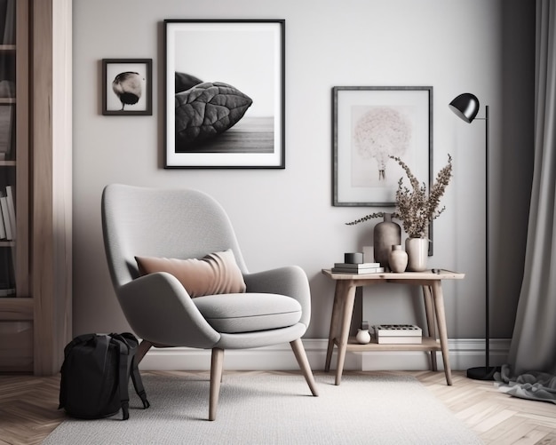 Una sala de estar con una silla y una mesa con una lámpara en ella.