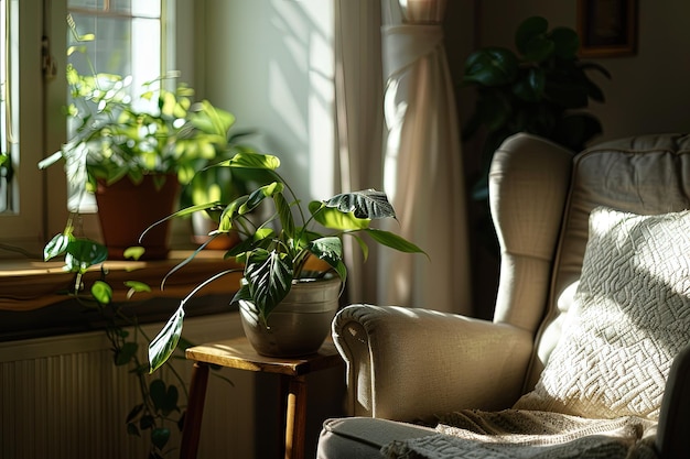 Una sala de estar con una silla y una planta en olla